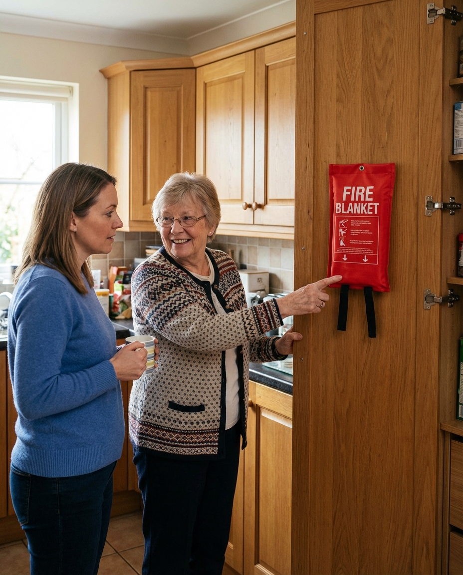 Fire blanket mounted on kitchen wall